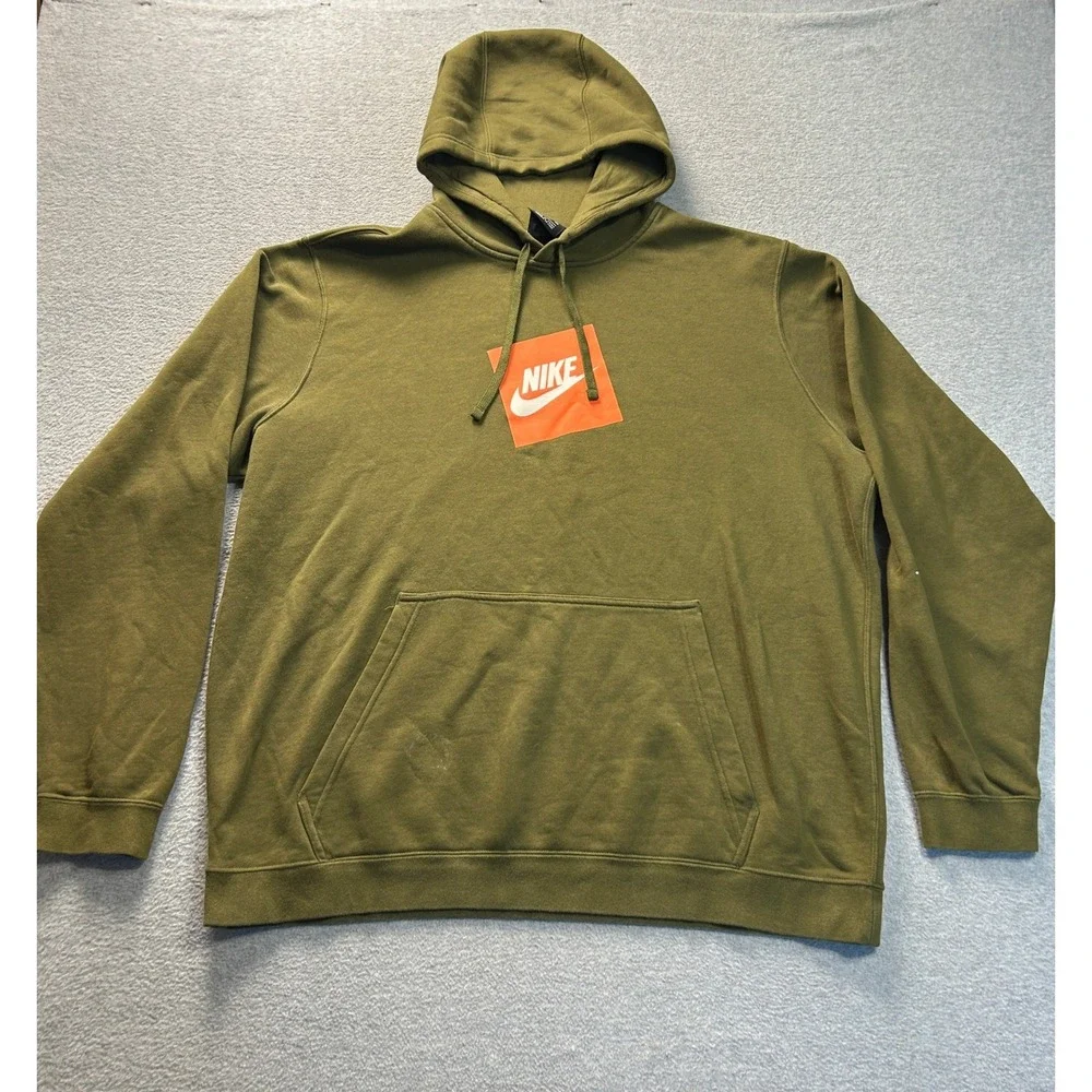 Nike Pullover Hoodie Mens XXL Olive Green Orange Box Logo Sweatshirt Swoosh